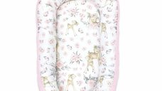 Baby nest MimiNu Sweet Deer Pink, reglabil, cu saltea detasabila, bumbac si catifea, 105 x 66 cm