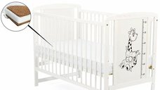 BabyNeeds Timmi Girafa, patut alb din lemn de pin si MDF 120x60 cm, cu saltea Cocos Confort de 12 cm