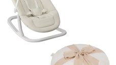 Balansoar manual Lionelo Celia Close&Cosy, 2 pozitii de inclinare, centuri in 5 puncte, bara cu jucarii, baza din lemn de fag, husa lavabila, pana la 9 kg, alb