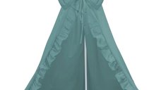 Baldachin MimiNu Royal Nepal Green pentru patut, cu funda si volanas, 210 x 145 cm, bumbac certificat Oeko-Tex Standard 100