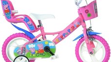 Bicicleta cu pedale, Dino Bikes, Purcelusa Peppa, Cu roti ajutatoare, Cu cosulet frontal, Cu scaunel pentru papusa, 12 inch, Pana la 40 kg, 3 ani+, Multicolor