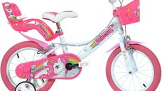 Bicicleta cu pedale, Dino Bikes, Unicorn, Cu roti ajutatoare, Cu cosulet frontal, Cu cosulet pentru papusi, 14 inch, Pana la 115 cm, Pink