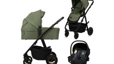 Carucior 3 in 1 Lionelo Amber Plus - Cadru din aluminiu, Landou intarit, Scoica auto certificata ADAC, Reversibil, Maner ajustabil, Verde