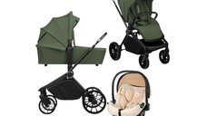 Carucior 3 in 1 Lionelo Mika Plus Bej cu Scoica Auto Certificata ADAC, Reversibil si Ventilatie 3D, Pana la 22 kg, Verde