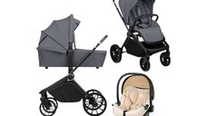 Carucior 3 in 1 Lionelo Mika Plus Gri cu Scoica Auto Bej Certificata ADAC