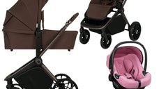 Carucior 3 in 1 Lionelo Mika Plus Roz cu scoica auto ADAC, Reversibil si Ventilatie 3D