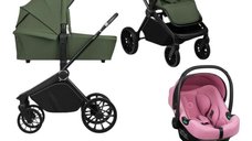 Carucior Lionelo Mika Plus 3 in 1 cu scoica auto Roz, Reversibil si Ventilat, Pana la 22 kg, Verde