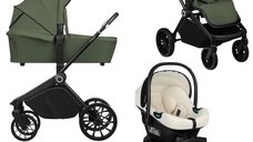 Carucior Multifunctional 4 in 1 Lionelo Mika Plus cu Scoica Auto Testata ADAC Beige Cream + Baza Isofix Rotativa 180 Grade, Reversibil, Pana la 22 kg, Green Olive