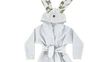 Halat de baie MimiNu cu urechi pentru copii 2-5 ani, din bumbac si thermo fleece, cu buzunare si cordon, colectia Detective Natural