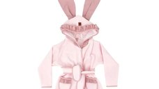 Halat de baie MimiNu Royal Powder Pink, cu gluga cu urechi si volanase, 6-24 luni