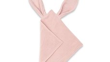 Jucarie textila senzoriala, Qmini, Cu urechi fosnitoare, 30 x 30 cm, Din muselina dubla, Powder Pink