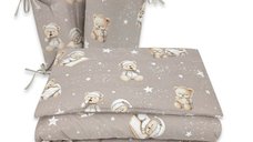 Lenjerie patut 3 piese, MimiNu, Pentru patut 120x60 cm, Cu protectie laterala, Din bumbac certificat Oeko Tex Standard 100, Bedtime story beige