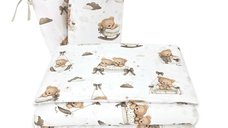 Lenjerie patut 3 piese, MimiNu, Pentru patut 120x60 cm, Cu protectie laterala, Din bumbac certificat Oeko Tex Standard 100, Tedy bear dreams beige