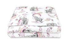 Lenjerie patut junior cu 2 piese, Qmini, Din bumbac certificat Oeko Tex Standard 100, 140 x 200 cm, Elephants on Rainbow Pink