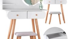 Masuta de toaleta pentru copii Jokomisiada ZA4820, din lemn, cu oglinda rotunda, 2 sertare si scaun, 120 x 80 x 39 cm, alb