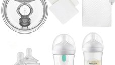 Pachet Qmini Confort Kit, cu Pompa de San Hands-Free, Scutece Muselina, Biberoane Philips Avent Anticolici si Paturica Catifea