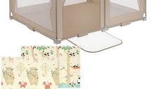 Pachet Tarc de joaca copii, Lionelo, Florence, 150 x 180 cm, Conform cu EN 12227:2010, Bej si Covoras educativ, Bocioland, Panda, Impermeabil, 150 x 180 cm