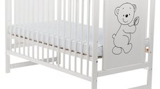 Patut din lemn bebe, 120x60 cm, Din lemn de pin si mdf, Stabil si rezistent, Inaltime saltea reglabila pe 3 nivele, Laterala cu 3 bete detasabile, EN716-1, EN716-2, Alb, Babyneeds, Timmi