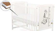 Patut din lemn pentru bebe Timmi Girafa, 120x60 cm, Alb, cu saltea de 12 cm