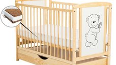Patut din lemn pentru bebe Timmi Ursulet 120x60 cm cu sertar, reglabil pe 3 nivele, din lemn de pin si MDF, cu laterala detasabila