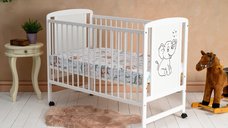 Patut din lemn pentru bebelusi Timmi Elephant, 120x60 cm, Alb, cu inaltime saltea reglabila, 3 bete detasabile, Qmini
