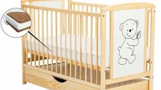 Patut din lemn Timmi Ursulet 120x60 cm cu sertar, reglabil si detasabil