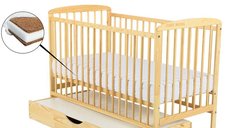 Patut Ola din lemn pentru bebelusi, 120x60 cm, cu sertar, din pin si MDF, reglabil pe 3 nivele, laterala detasabila, Babyneeds