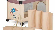 Patut pliant Koot, Petite&Mars, 120 x 60 cm, cu roti, functie de tarc, pliabil, geanta de transport inclusa, intrare laterala cu fermoar, pereti din plasa, suport pentru copii pana la 15 kg, 0-30 luni, culoare maro