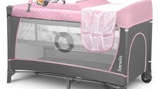 Patut pliant, Lionelo, Flower, Cu doua nivele, Cu arcada, Geanta transport, Masuta de infasat, Bara cu jucarii, Fereastra laterala, 120x60 cm, Conform cu standardele europeane de securitate EN 716 si EN12221, Roz