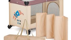 Patut pliant, Petite&Mars, Koot, 120 x 60 cm, Cu roti, Functie de tarc, Pliere compacta, Include geanta de transport, Intrare laterala cu fermoar, Pereti din plasa, Pana la 15 kg, 0-30 luni, Maro