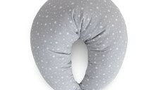 Perna multifunctionala pentru alaptat Ceba Baby, Husa detasabila din bumbac, Umplutura din puf siliconizat, Dimensiuni 150x60x37 cm, Oeko-Tex Standard 100, Basic Grey Stars