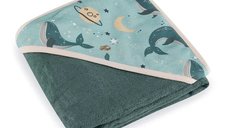Prosop cu gluga Petite&Mars Loulou, 100 x 100 cm, 70% bambus si 30% bumbac, Oeko-Tex Standard 100, hipoalergenic, respirabil, Balene Verzi