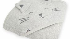 Prosop de baie Bocioland Cat Grey, cu gluga si urechi, 100% bumbac frotte, 95 x 95 cm