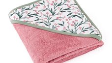 Prosop de baie cu gluga Petite&Mars Loulou, 100 x 100 cm, 70% bambus si 30% bumbac, roz