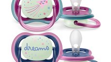 Set 2 suzete ortodontice Philips Avent Ultra Air, moi, fosforescente, silicon, cu carcasa de depozitare, fara BPA, 6-18 luni, Pink/Blue