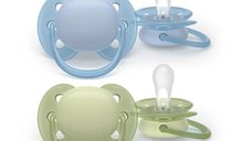 Set 2 suzete ortodontice Philips Avent Ultra Soft, 0-6 luni, Fara BPA, Albastru/Verde, pentru pielea sensibila