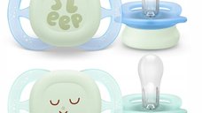 Set 2 suzete Philips Avent Ultra Start pentru noapte, ortodontice, fosforescente, 0-2 luni, fara BPA, sustenabile, model verde/albastru