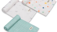Set 3 museline Lionelo Dot din bambus - multifunctionale si sigure pentru bebelusi