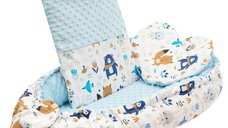 Set 3 Piese New Baby Bears - Cuib Luxos pentru Bebei cu Plapuma si Pernuta in Forma de Inima, Minky Bears Blue