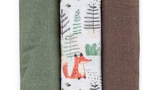 Set 3 scutece Petite&Mars Moussy din muselina de bambus, hipoalergenice, 68 x 68 cm, certificate Oeko Tex Standard 100, Forest Fox