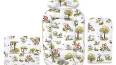 Set 4 in 1 Cosulet bebelus, Qmini, Baby Cocoon 75x55 cm, Din bumbac certificat Oeko Tex Standard 100, Cu paturica, Cu salteluta, Cu perna fluture, Fox on Bikes Natural
