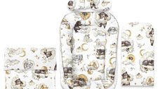 Set 4 in 1 Cosulet bebelus, Qmini, Baby Cocoon 75x55 cm, Din bumbac certificat Oeko Tex Standard 100, Cu paturica, Cu salteluta, Cu perna fluture, Teddy Bear and Friends Beige