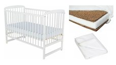 Set Babyneeds Ola patut din lemn 120x60 cm, alb, cu saltea Cocos Confort II si protectie impermeabila Qmini