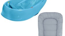 Set Cadita inteligenta, Skip Hop, Pentru 3 etape de crestere, Albastru si cosulet bebelus, Qmini, 55 x 75 cm, Husa 100% muselina dubla, Jeans