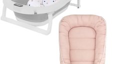 Set cadita pliabila Genua Premium, cu termometru, dop si suport anatomic, Gri si cosulet bebelus, Qmini, 55 x 75 cm, Husa 100% muselina dubla, Pink