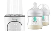 Set incalzitor biberoane, Lionelo, ThermUp 2.0, multifunctional + 2x biberoane, Philips Avent, Cu supapa AirFree, 0 luni+, 125 ml, Alb