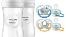 Set ingrijire Philips Avent: Biberon anticolici, Natural Response, 330 ml, 3 luni+, 2 buc + Suzete Ultra air, 0-6 luni, 2 buc, Din silicon, Albastru/Portocaliu