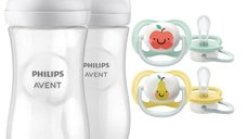 Set ingrijire Philips Avent: Biberon Natural Response 330 ml (3 luni+) si Suzete Ultra Air Ortodontice (0-6 luni)