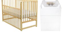 Set mobilier BabyNeeds Ola pentru copii, patut pin 120x60 cm cu laterala culisanta si somiera reglabila, saltea cocos-burete-cocos 12 cm si comoda cu masuta de infasat, alb/natur