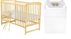 Set mobilier Babyneeds pentru copii: patut Ola din pin 120x60 cm, saltea cocos-burete-cocos de 10 cm si comoda Qmini cu masuta de infasat, alb/natur